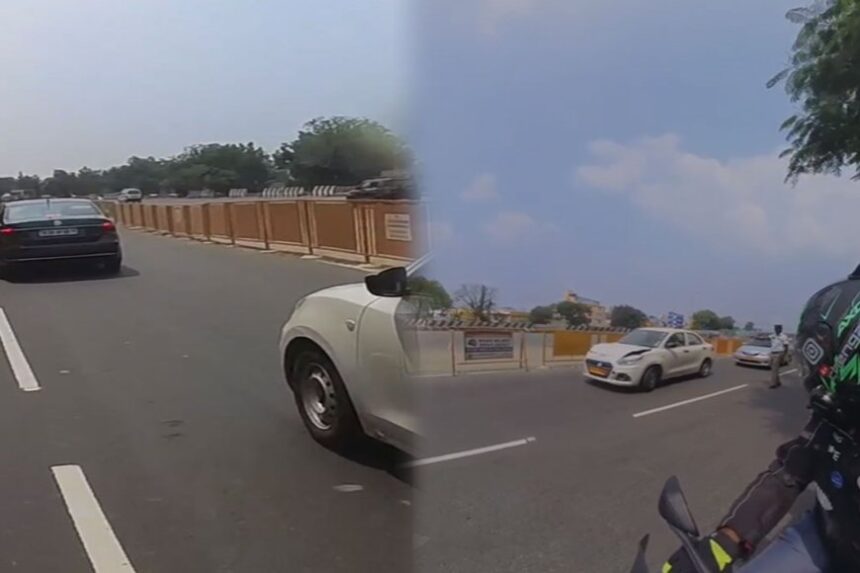 திடீரென வழிமறித்த போலீஸ்- பிரேக் போட்டத்தால் கார் மோதி விபத்து