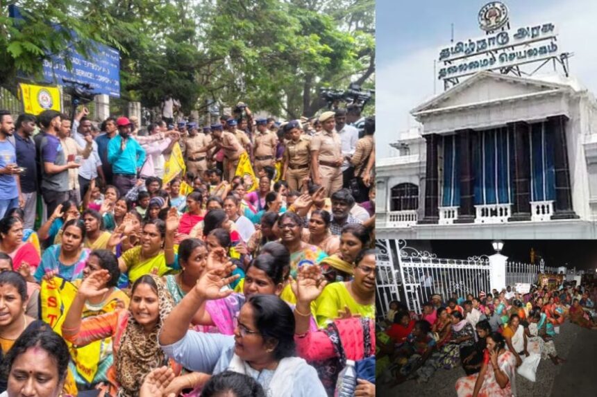 ஆசிரியர்கள், தூய்மை பணியாளர்கள் போராட்டம் : தலைமை செயலகத்தில் அமைச்சர்கள் அவரச ஆலோசனை 