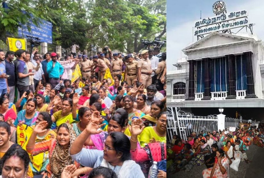 ஆசிரியர்கள், தூய்மை பணியாளர்கள் போராட்டம் : தலைமை செயலகத்தில் அமைச்சர்கள் அவரச ஆலோசனை 
