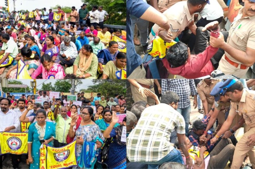 புத்தாண்டில் போராடிய இடை நிலை ஆசிரியர்கள் : வலுக்கட்டாயமாக கைது செய்த போலீஸ்