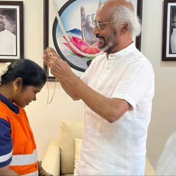 Rajinikanth honours sanitation worker with gold chain for returning bag full of gold jewellery Rajinikanth honours sanitation worker with gold chain for returning bag full of gold jewellery