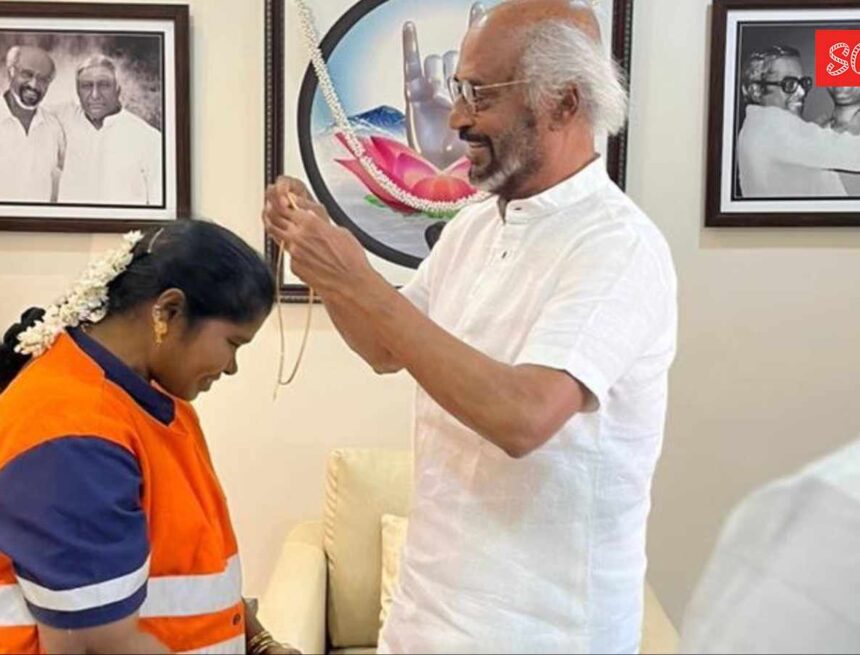 Rajinikanth honours sanitation worker with gold chain for returning bag full of gold jewellery Rajinikanth honours sanitation worker with gold chain for returning bag full of gold jewellery