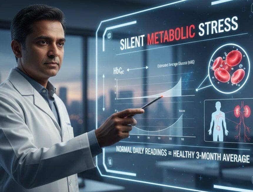 ‘What are the normal, prediabetic, and diabetic ranges for HbA1c, and how do they relate to daily blood sugar levels?’
