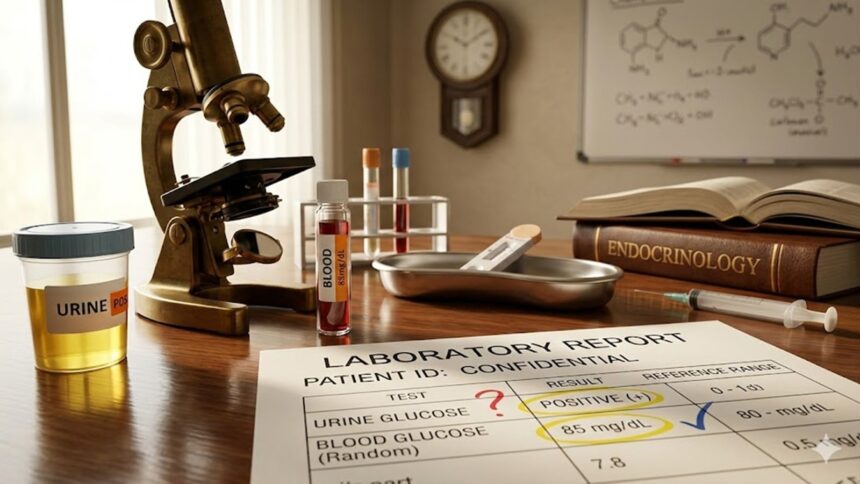 ‘I tested a patient’s urine and it showed sugar. After that, I tested blood sugar and it was 85 mg/dL, which is normal ‘I tested a patient’s urine and it showed sugar. After that, I tested blood sugar and it was 85 mg/dL, which is normal. What is the reason for this?’