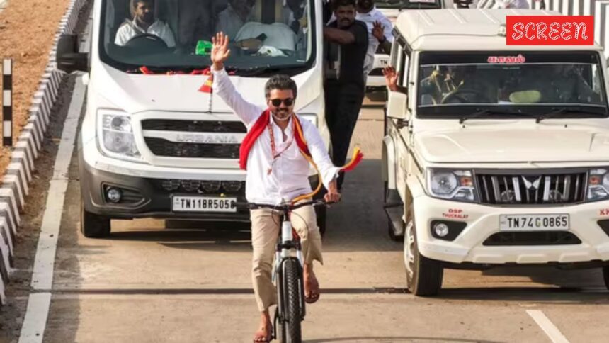 Vijay panics while cycling as fan throws petals, mistakes it for an explosive. Watch video