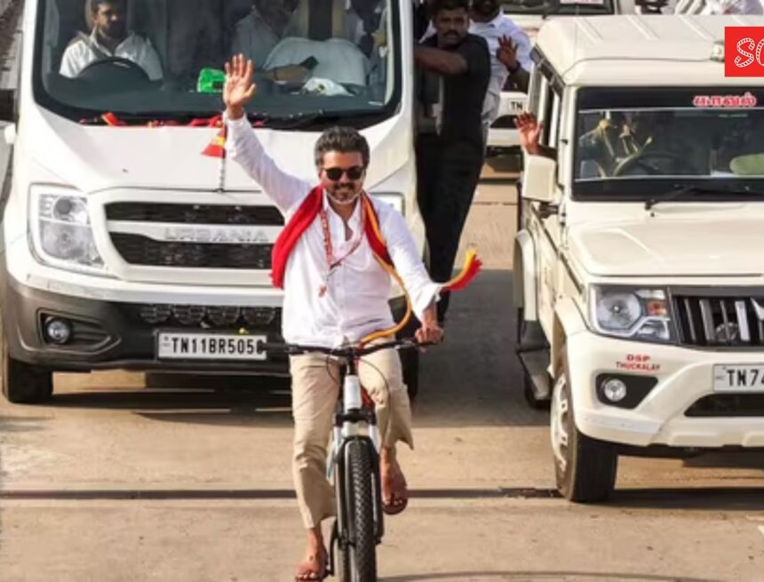 Vijay panics while cycling as fan throws petals, mistakes it for an explosive. Watch video