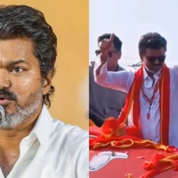 Vijay pauses campaign to accept fan’s gift of an edited photo with Sangeetha and Vijayakanth. Watch video