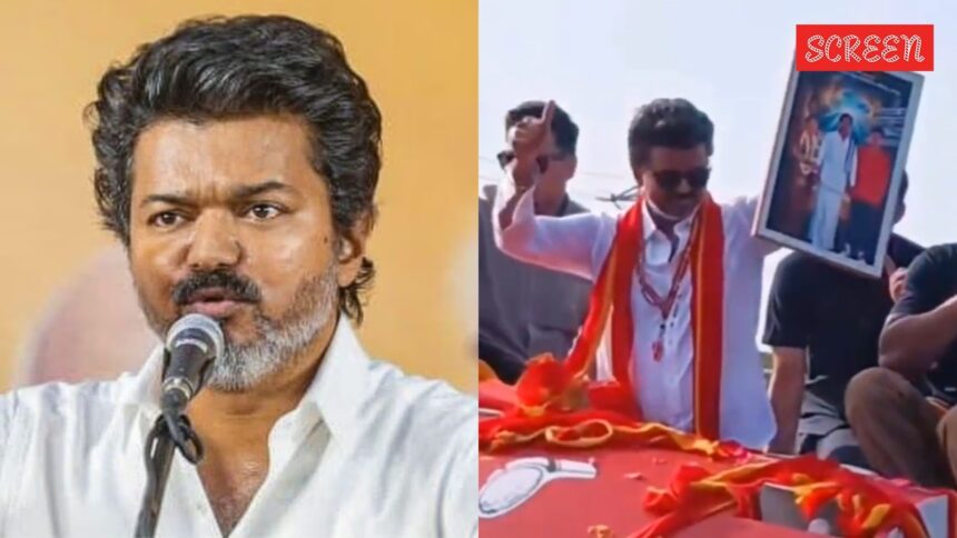 Vijay pauses campaign to accept fan’s gift of an edited photo with Sangeetha and Vijayakanth Vijay pauses campaign to accept fan’s gift of an edited photo with Sangeetha and Vijayakanth. Watch video