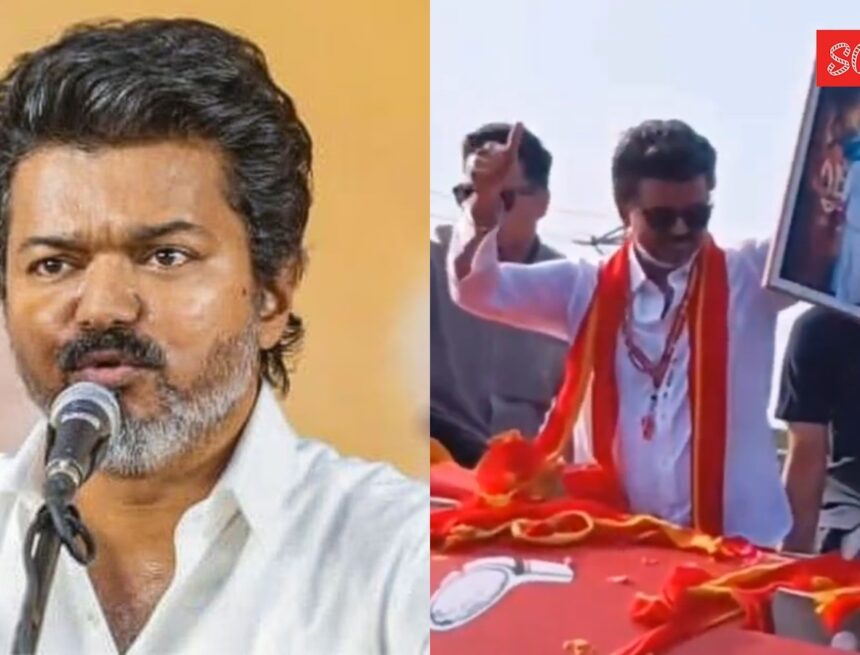 Vijay pauses campaign to accept fan’s gift of an edited photo with Sangeetha and Vijayakanth. Watch video