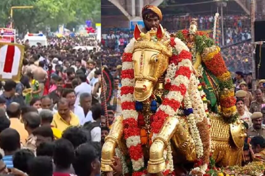 மதுரை சித்திரை திருவிழா: லட்சக்கணக்கான பக்தர்கள் புடைசூழு  கள்ளழகர் வைகை ஆற்றில் இறங்கினார்