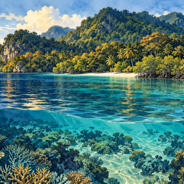 Conceptual illustration of an Andaman island coastline, forest, mangroves and reef