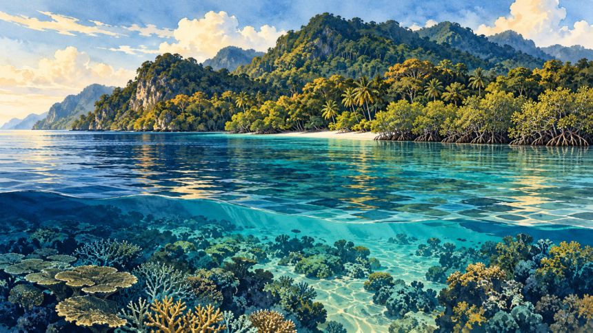 Conceptual illustration of an Andaman island coastline, forest, mangroves and reef
