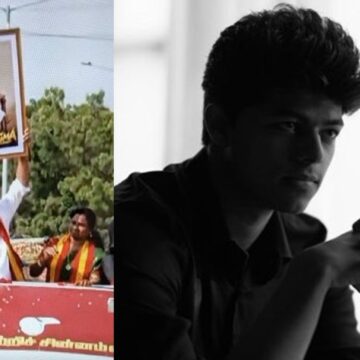 CM Vijay raises son Jason Sanjay’s photo above his head at roadshow, supports Sigma. Watch