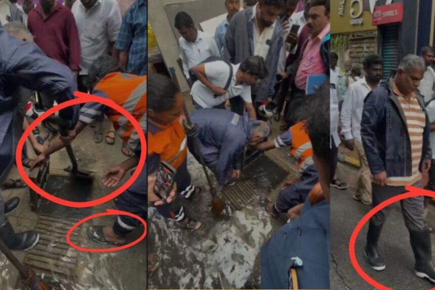 அமைச்சருக்கு மட்டும் பாதுகாப்பு கவசம்….தூய்மை பணியாளர்களுக்கு எங்கே? நெட்டிசன்கள் கேள்வி!
